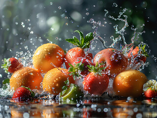 Fresh assorted berries and fruits with water splash on dark background. High-speed photography with...