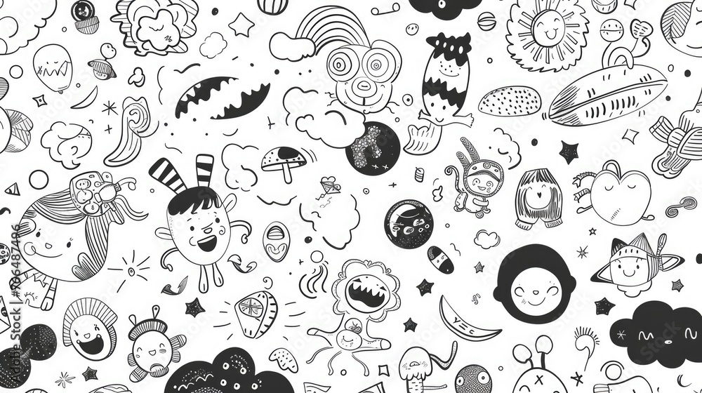 Poster a black and white drawing of various cartoon characters. ideal for illustrations and design projects