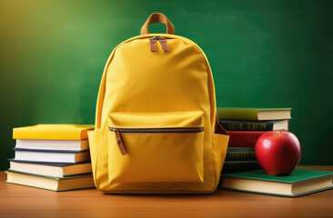 On a table on an isolated green background there are school supplies, a school yellow backpack, books and notebooks in a stack, a red apple on the books. Back to school concept