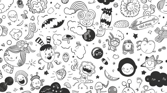 A black and white drawing of various cartoon characters. Ideal for illustrations and design projects