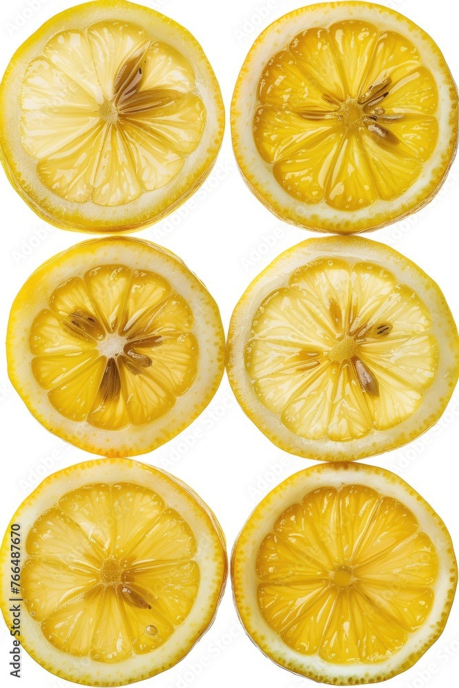 Poster fresh lemon slices cut in half. perfect for food and beverage concepts