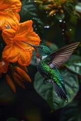 Obraz premium A beautiful hummingbird in flight near a flower, perfect for nature designs
