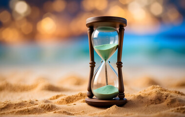 An hourglass symbolizing the passage of time, placed on a white table against a backdrop of...