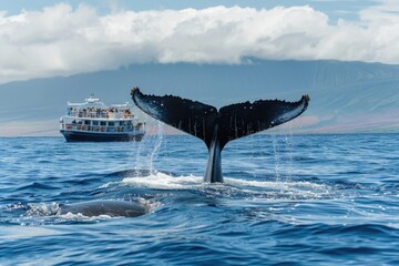 A majestic whale tail rises out of the water, with a boat visible in the background. Ideal for marine life and nature concepts