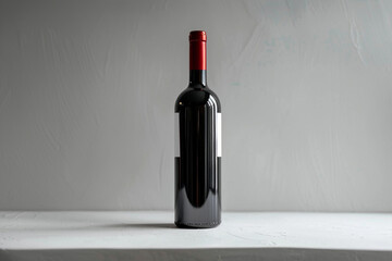 A minimalist composition featuring a single bottle of merlot wine standing tall on a white surface, its label ready for custom branding. - obrazy, fototapety, plakaty