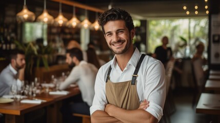 Portrait of a happy waiter standing in a restaurant with his arms crossed - obrazy, fototapety, plakaty