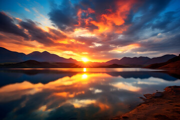 The Divine Artistry: A Serene Lake Resting in the Lap of Misty Mountains Under a Twilight Sky - obrazy, fototapety, plakaty