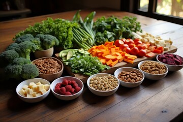 A variety of fresh vegetables and fruits on a wooden table