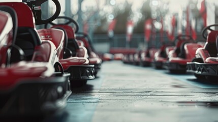 A row of go karts lined up, perfect for recreational or racing concepts - obrazy, fototapety, plakaty