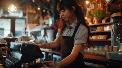 A woman is seen preparing a drink at a bar. Suitable for restaurant or nightlife concept