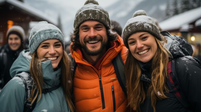Three smiling friends on a snowy mountain