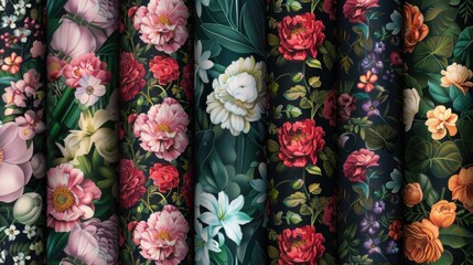 Various types of floral fabrics suitable for crafting projects - obrazy, fototapety, plakaty