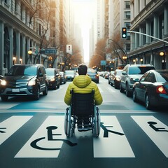 A person in a wheelchair crossing the road.
