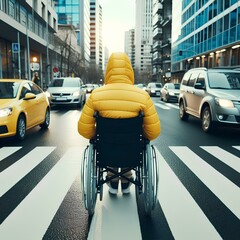 A person in a wheelchair crossing the road.
