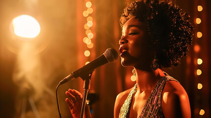 A soulful jazz black singer performs emotionally on a stage with dim lighting, her face softly illuminated by a spotlight, a warm stage atmosphere