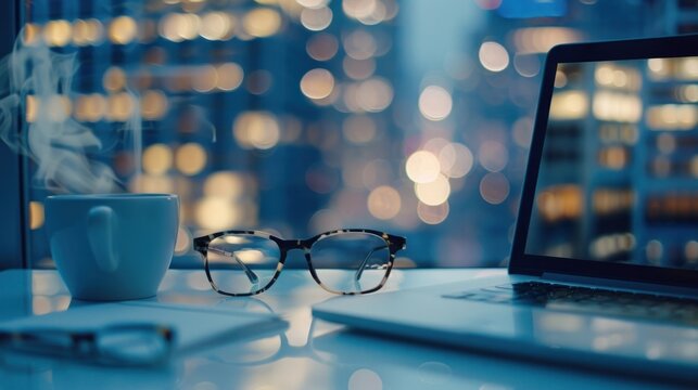 A close-up image of glasses resting on a laptop, with a coffee cup and other items on a white desk,