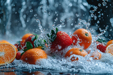 Dynamic splash over mixed berries and citrus fruits. Close-up shot with water droplets. Vitamin and...