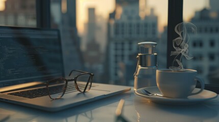 A close-up image of glasses resting on a laptop, with a coffee cup and other items on a white desk,