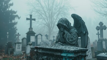 Fototapeta premium Eerie scene of an angel statue in fog, suitable for Halloween themes