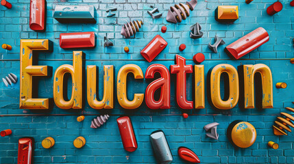 The image shows the word "Education" in bold font against a solid color background.