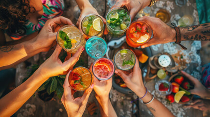 A group of people are holding up glasses of various colored drinks - obrazy, fototapety, plakaty