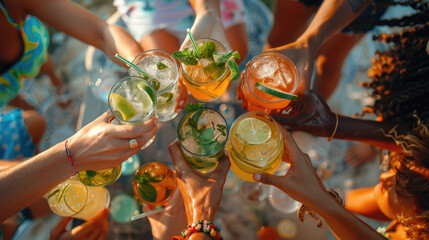 A group of people are holding up glasses of mixed drinks - obrazy, fototapety, plakaty