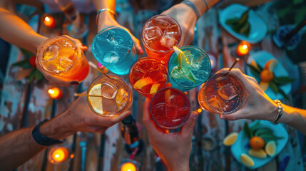 A group of people are holding up glasses of colorful drinks, including blue - obrazy, fototapety, plakaty