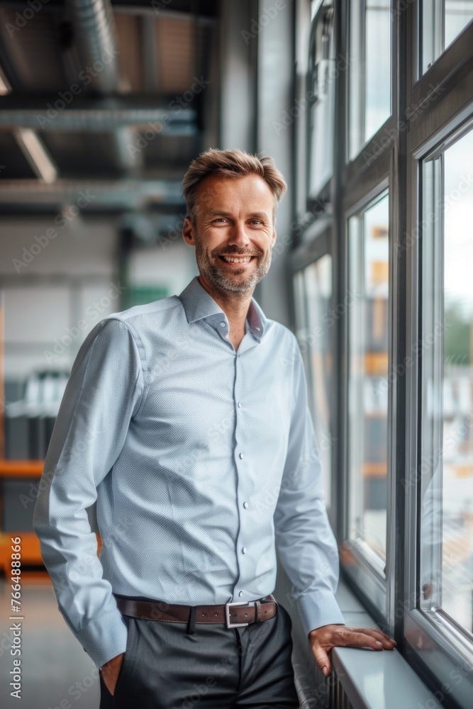 Aufkleber A man standing in front of a window with a smile. Suitable for various projects