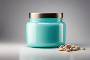 Fototapeta na wymiar Elegant Blue Glass Jar with Wooden Lid and Blank Label - Modern Kitchen Storage Solution