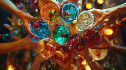 A group of people are holding up glasses of colorful drinks, including blue - 766488816