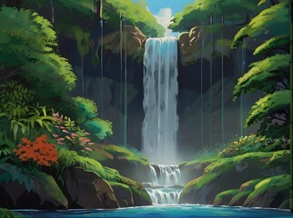 Forest nature waterfall illustration. Generative AI