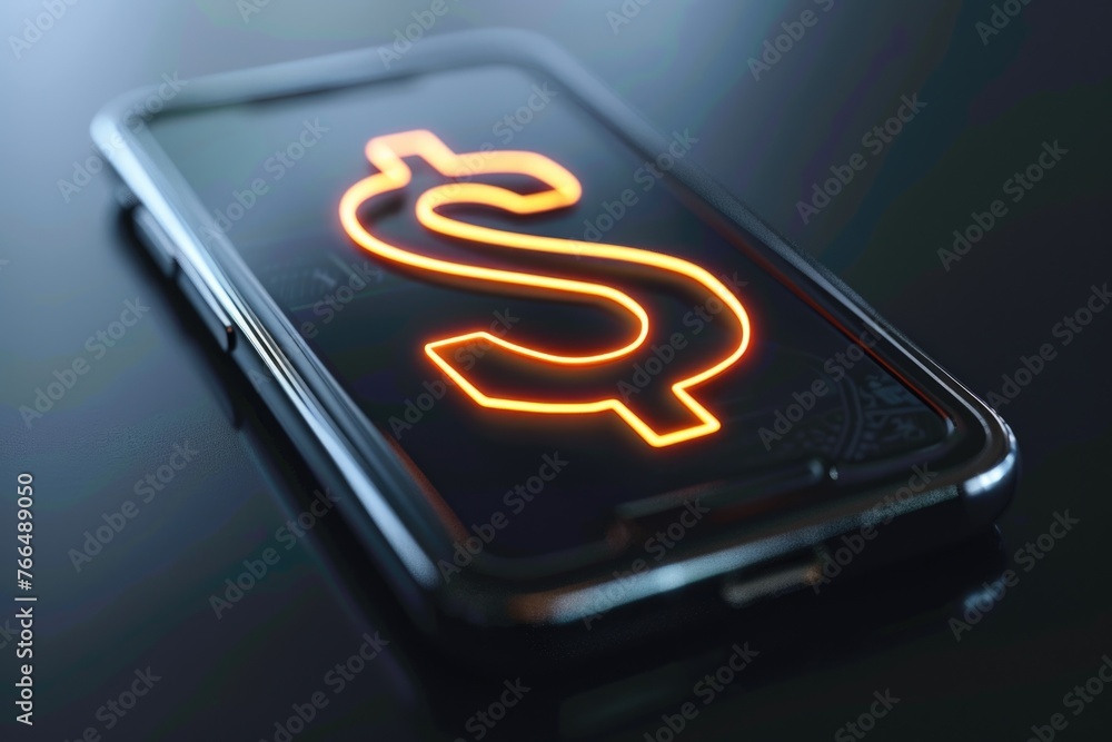 Poster cell phone with illuminated dollar sign, versatile for business concepts