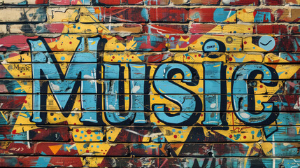A person looks at the word "Music" on a solid colored background in an image with a unique identifier.