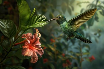 Obraz premium A beautiful hummingbird in flight over a colorful flower. Perfect for nature and wildlife concepts