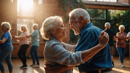Happy senior couple, man and woman, dancing a passionate Bachata dance in the studio.