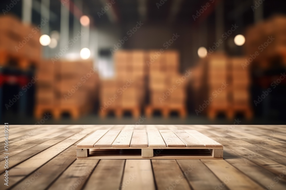 Poster the empty wooden table top with blur background of warehouse storage. exuberant image. generative ai