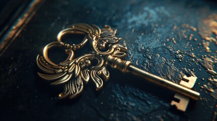 A golden key resting on a blue book. Ideal for educational or unlocking concepts