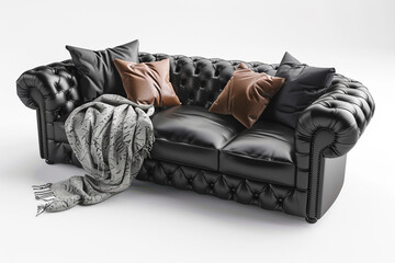Circular animation of scandinavian three-seat leather sofa. Black leather upholstery tufted sofa with pillows and a blanket on white background.isolated on solid white background.
