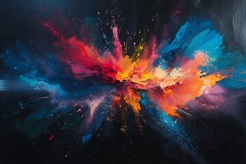 Explosive abstract of vibrant colors resembling a celestial event on dark backdrop - obrazy, fototapety, plakaty