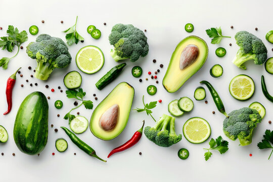 A colorful assortment of vegetables and fruits, avocados, broccoli, peppers, arranged in a visually appealing manner. a food concept Green vegetables depicted on a white background Copy space