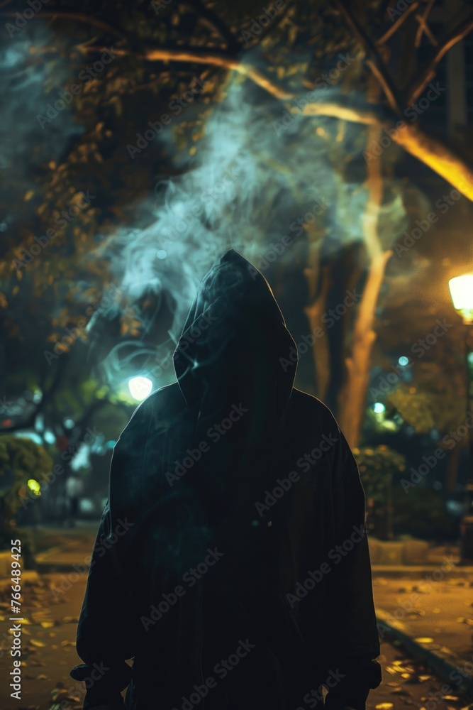 Wall mural a person in a hoodie standing on a sidewalk at night. suitable for urban, mysterious, and nighttime  - Wall murals