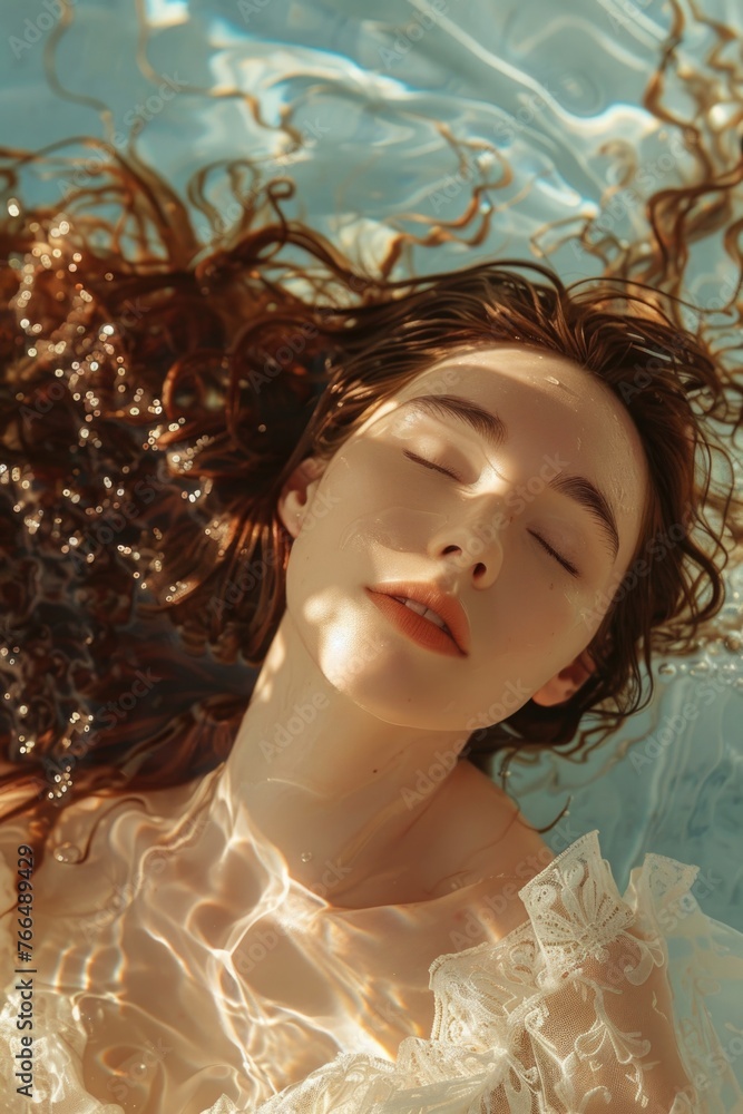 Aufkleber a serene image of a woman floating in a pool. ideal for wellness and relaxation concepts