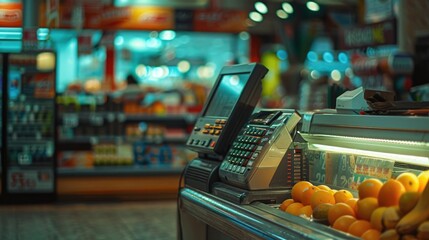 Image of a cash register with fresh oranges in a store. Suitable for grocery or retail concepts - obrazy, fototapety, plakaty