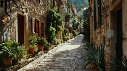 Deurstickers A charming narrow street lined with potted plants. Perfect for travel blogs © Fotograf