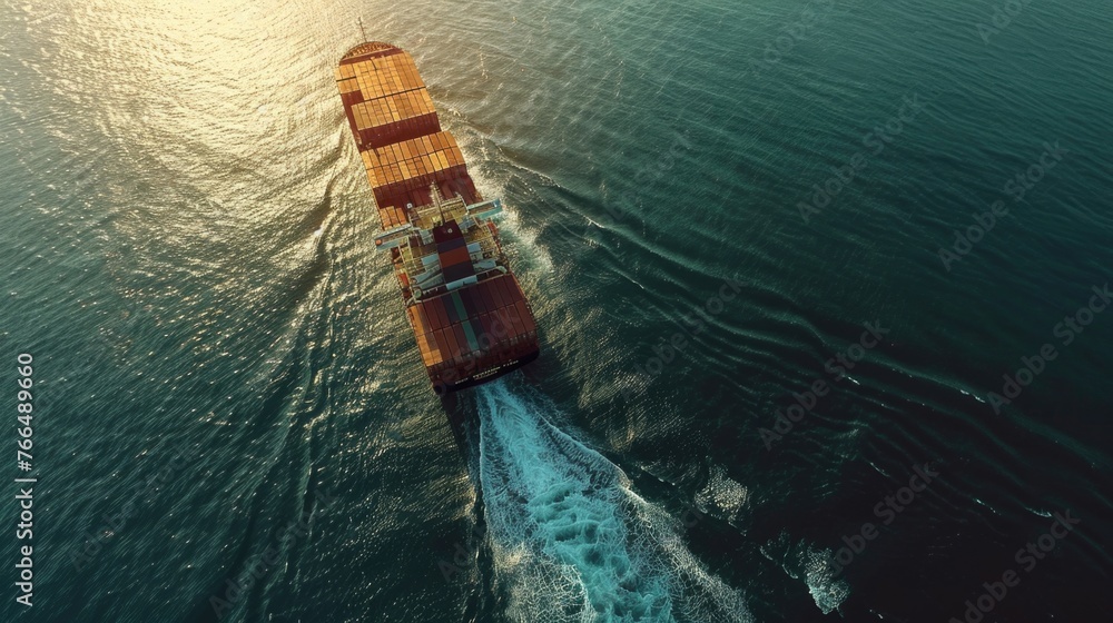 Poster a large container ship sailing across the sea. ideal for transportation and shipping concepts