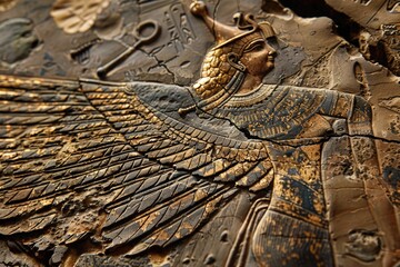 Detailed shot of an ancient Egyptian bird relief, suitable for historical projects