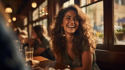Laughing woman with curly hair sitting in a restaurant - obrazy, fototapety, plakaty
