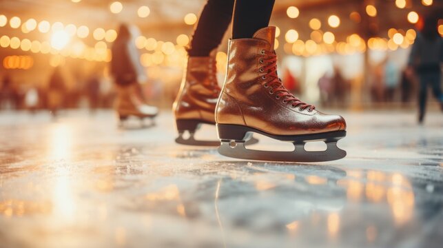 Close-up of a person's ice skates on an ice rink with blurred background