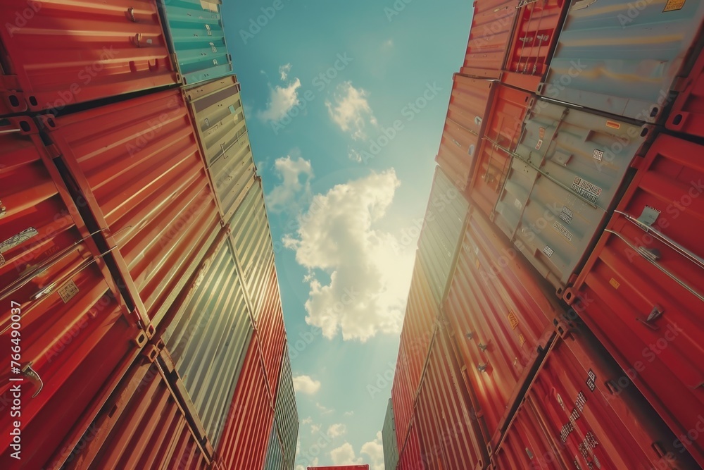 Poster a group of red shipping containers placed next to each other. suitable for industrial and transporta