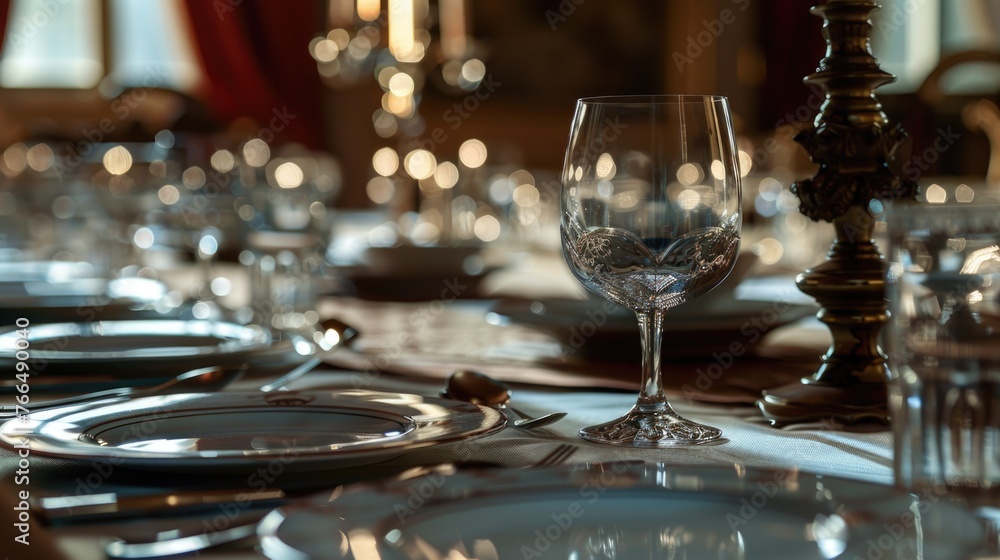 Poster Elegant table setting with dinnerware and glassware. Perfect for restaurant menus or event invitations